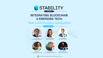 STABILITY Protocol Blockchain Event Banner, featuring: Loh Sin Yong from Singapore's IMDA and TradeTrust, Thorsten Neumann from Standard Chartered Ventures, Stacey-Ann Pearson from AWS, Pranav Mehrotra from Google, Jeannie Lim from Paxos, Steffen Schacher from UDPN-GFT Group