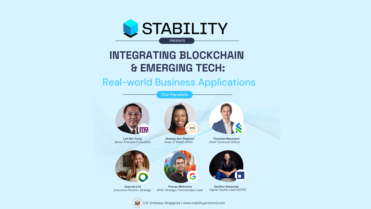 STABILITY Protocol Blockchain Event Banner, featuring: Loh Sin Yong from Singapore's IMDA and TradeTrust, Thorsten Neumann from Standard Chartered Ventures, Stacey-Ann Pearson from AWS, Pranav Mehrotra from Google, Jeannie Lim from Paxos, Steffen Schacher from UDPN-GFT Group